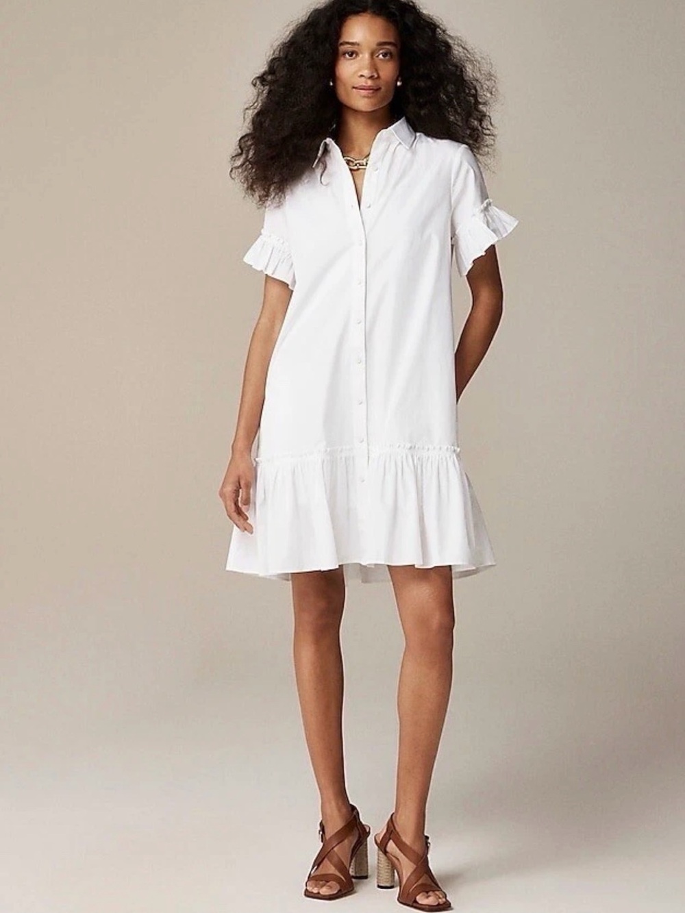 J. Crew White Ruffle Hem Shirt Dress Medium